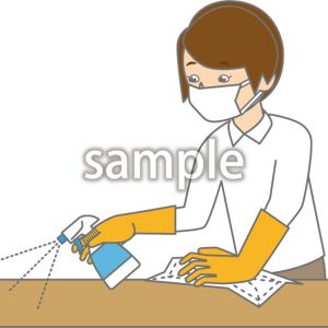 消毒する女性（モノクロあり）の画像