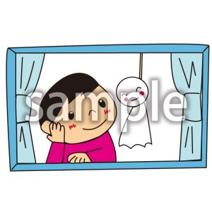 てるてる坊主と男の子の画像