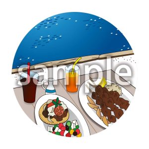 ギリシャ料理と海の画像