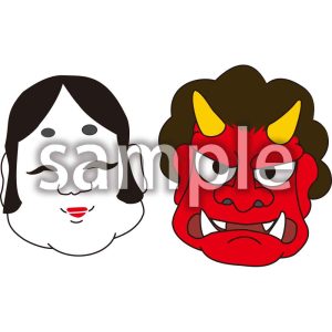 お多福と赤鬼のお面の画像