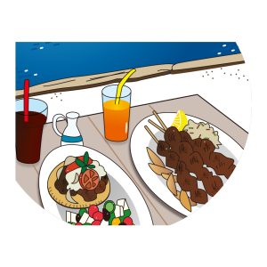 ギリシャ料理と海の画像